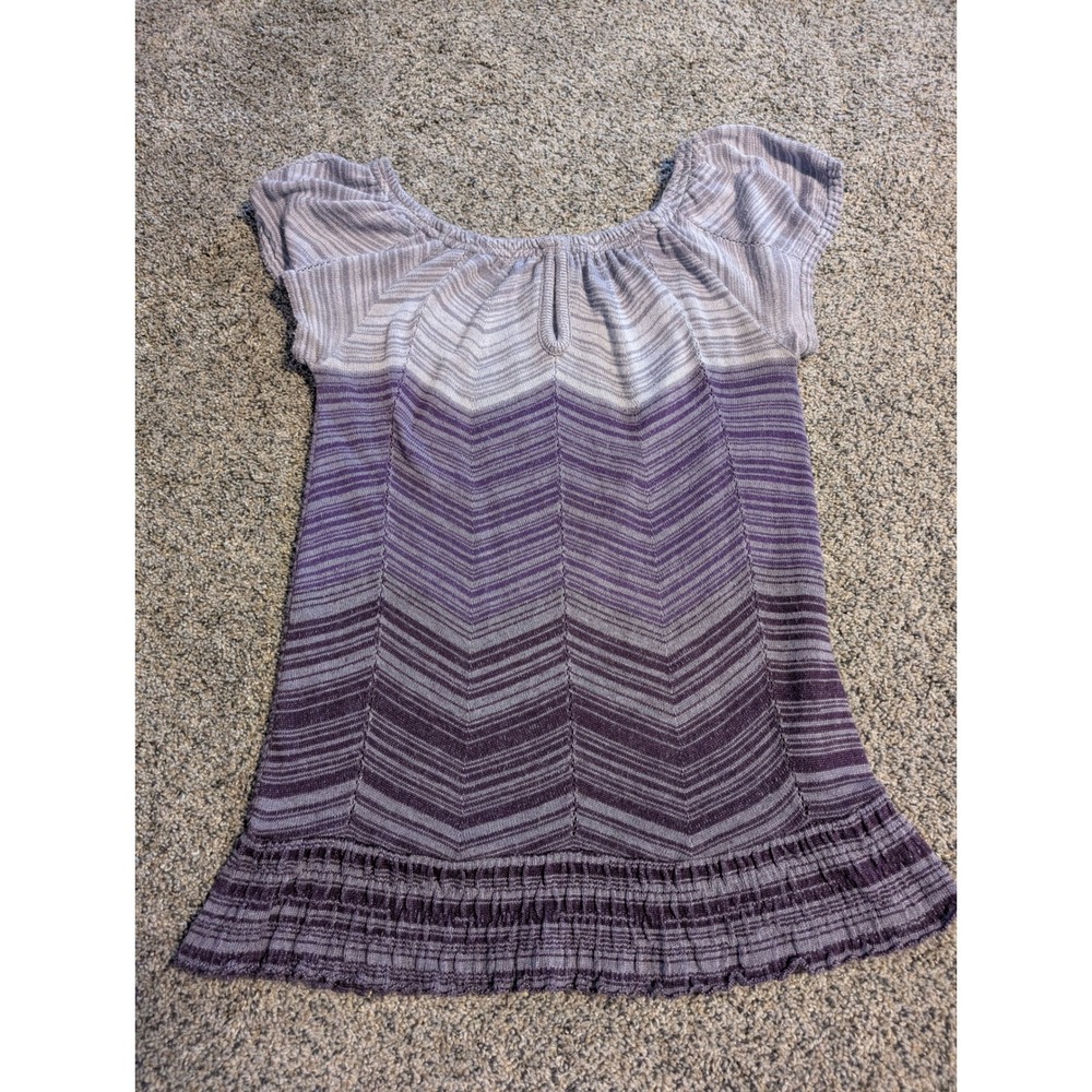 Y2K Decree Chevron Knit Tunic Top Purple Gray M Short Sleeve Off Shoulder‎